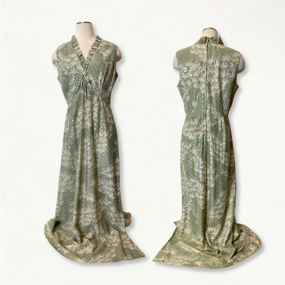Vintage 1960s Mary Martin Florida Green Sleeveless Long Dress with Gold Detail - Picture 2 of 13